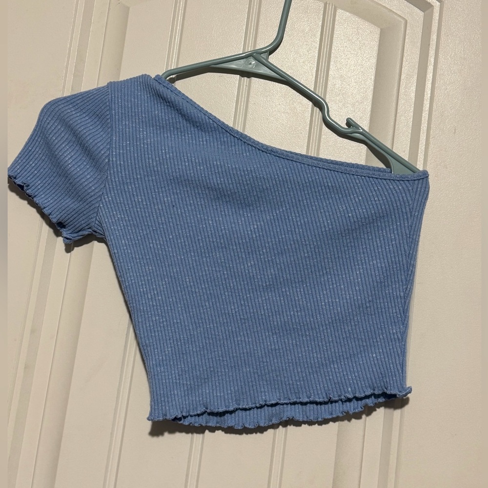 Blue Off-Shoulder Ribbed Top